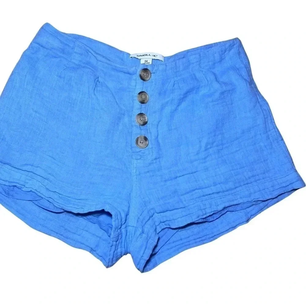 O'Neill Women’s Blue Chambray Cotton Henley Shorts Size 26 Button Fly